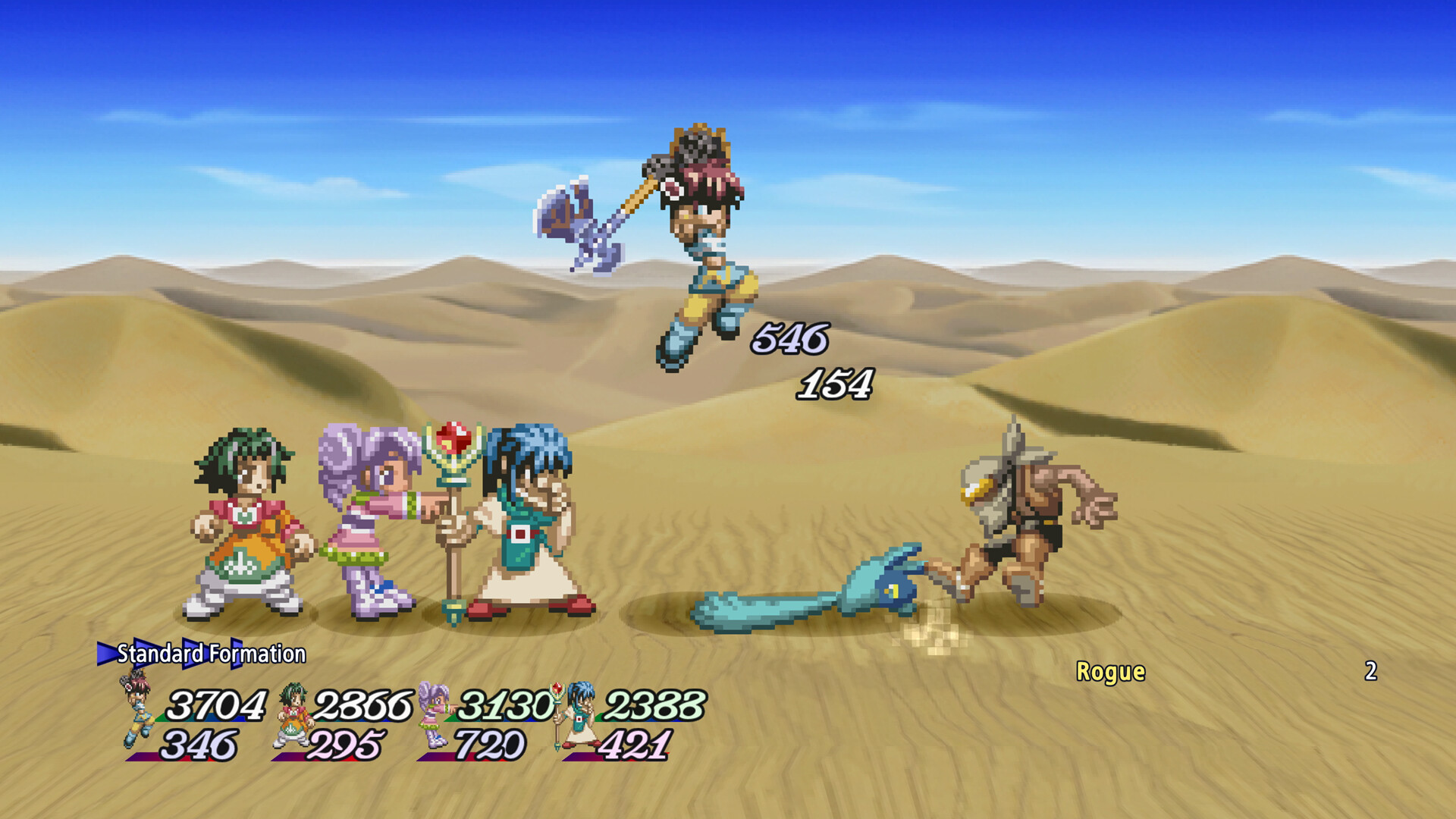 Official Tales of Eternia Remastered 2D battle showing the party, enemies, and status display.