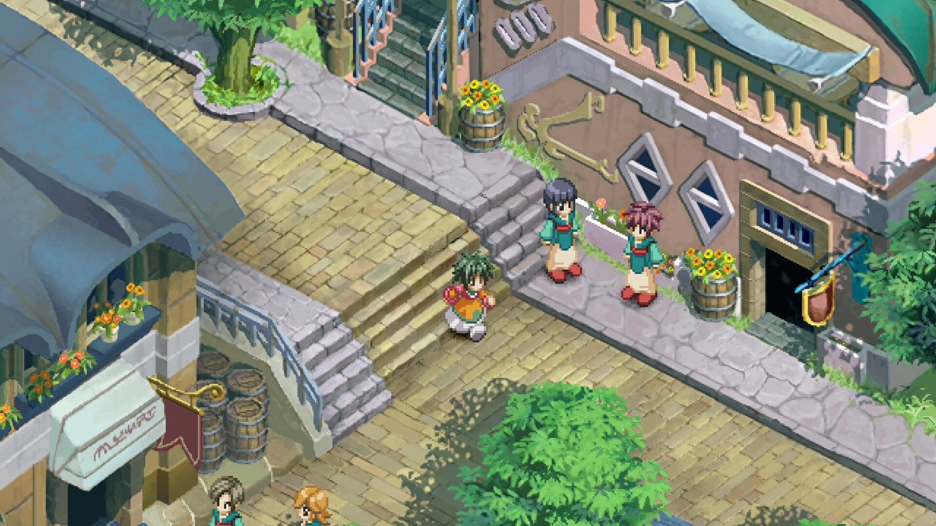 Official Tales of Eternia Remastered town scene with party members standing along a decorated street.